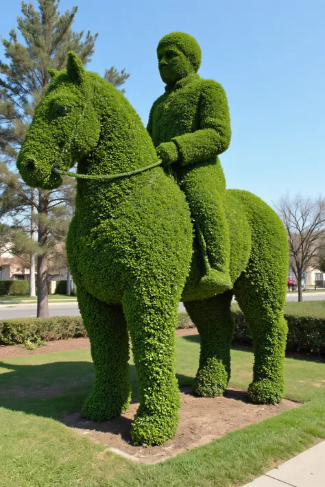 Meticulously manicured juniper bushes in the shape of a man on a horse, icon style. Ultra-realistic, photo-realistic, cinematic photography, hyperrealistic, 3D rendered realism, UHDR, high-res, physically-based rendering, extreme attention to detail, high...