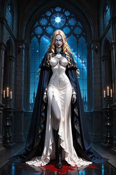 femillustration,a picture of vampire elf in her castle, an exquisite beautiful female vampire elf standing under the night sky , full body , ultra detailed face , grey skin, blond hair, wavy hair, blue eyes, cold eyes, glowing eyes, intense eyes, small po...