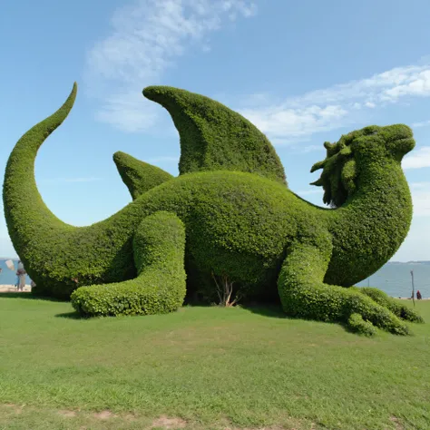 Meticulously manicured juniper bushes in the shape of an ancient sea monster. 3 pieces altogether. 1, the tail protrudes at the end, 2, three humps make up the body 3, the head comes way up out of the green grassy ocean. Ultra-realistic, photo-realistic, ...