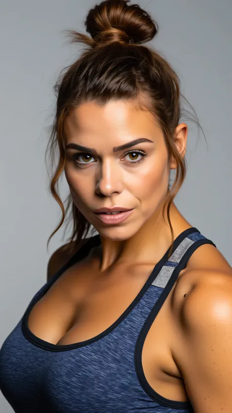 portrait photo of a woman in sporty clothes, detailed close-up, natural facial features, professional studio photography neutral face