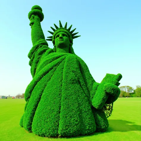 Meticulously manicured juniper bushes in the shape of the statue of liberty, Ultra-realistic, photo-realistic, cinematic photography, hyperrealistic,  3D rendered realism, UHDR, high-res, physically-based rendering, extreme attention to detail, highly imag...