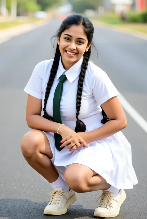 beautiful cute Sri Lankan school girl, in barefoot, Large breast size , 20 years old, wearing a white frock and a dark green tie. She has plaits, black braided long hair, wearing white folded socks and white school sneakers (sneakers are little bit dusty),...
