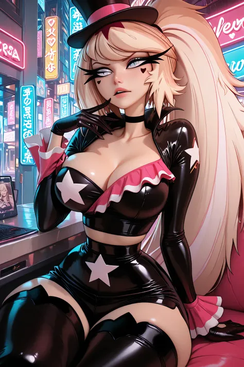 “(masterpiece, ultra realistic, 12k, RAW photo), Verosika, lifelike depiction, sitting confidently in a futuristic, neon-lit environment. Verosika has long, wavy blonde and green hair that cascades down her back, with a few strands gently framing her face....