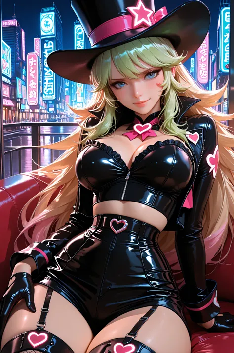 (masterpiece, ultra realistic, 12k, RAW photo), Verosika, lifelike depiction, sitting confidently in a futuristic, neon-lit environment. Long, wavy blonde and green hair. Striking blue eyes. Revealing, form-fitting black outfit with a corset and shorts. Bl...