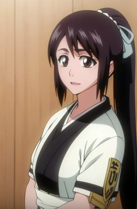 masterpiece, Highest quality , one girl from the side , ponytail , black hair, single ,straight long hair, Vancouver, brown eyes, kimono, white sleeveless coat ,Captain's coat without white sleeves, black kimono , smile, alone, I'm looking for , simple bac...