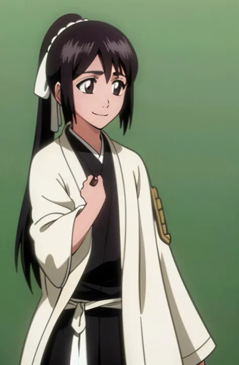 masterpiece, Highest quality , one girl from the side , ponytail , black hair, single ,straight long hair, Vancouver, brown eyes, kimono, white sleeveless coat ,Captain's coat without white sleeves, black kimono , smile, alone, I'm looking for , simple bac...