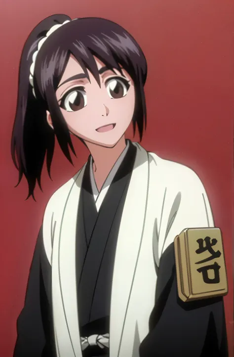 masterpiece, Highest quality , one girl from the side , ponytail , black hair, single ,straight long hair, Vancouver, brown eyes, kimono, white sleeveless coat ,Captain's coat without white sleeves, black kimono , smile, alone, I'm looking for , simple bac...