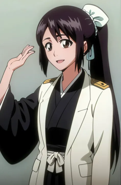 masterpiece, Highest quality , one girl from the side , ponytail , black hair, single ,straight long hair, Vancouver, brown eyes, kimono, white sleeveless coat ,Captain's coat without white sleeves, black kimono , smile, alone, I'm looking for , simple bac...