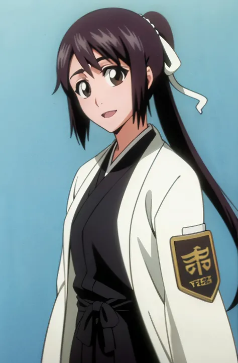 masterpiece, Highest quality , one girl from the side , ponytail , black hair, single ,straight long hair, Vancouver, brown eyes, kimono, white sleeveless coat ,Captain's coat without white sleeves, black kimono , smile, alone, I'm looking for , simple bac...