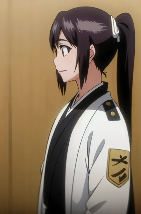 masterpiece, Highest quality , one girl from the side , ponytail , black hair, single ,straight long hair, Vancouver, brown eyes, kimono, white sleeveless coat ,Captain's coat without white sleeves, black kimono , smile, alone, I'm looking for , simple bac...