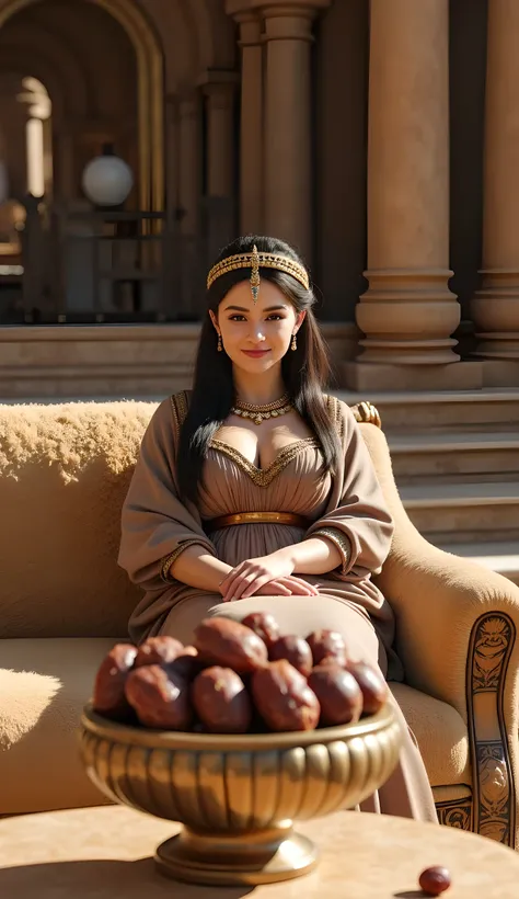 Assyria ancient age era,(bronze civilization age era),((Realistic cinematography intense realistically potra angle inside ancient Assyria palace scenery|breakfast)),,((realistically an Assyrian happy female queen sitting leisurely on a wooly sofa)),in fron...
