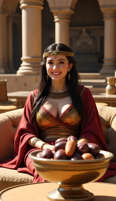 Assyria ancient age era,(bronze civilization age era),((Realistic cinematography intense realistically potra angle inside ancient Assyria palace scenery|breakfast)),,((realistically an Assyrian happy female queen sitting leisurely on a wooly sofa)),in fron...