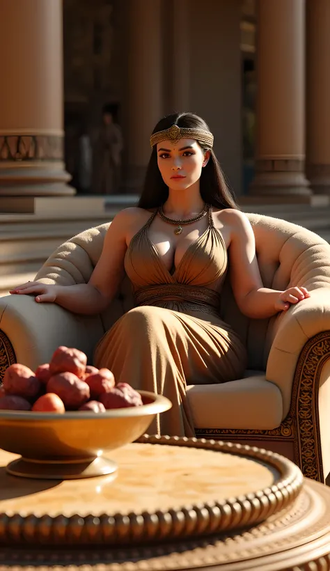Depict a hyperrealistic, cinematic scene set in the ancient Assyrian era during the bronze age inside a grand Assyrian palace at breakfast time.Main subject:A happy Assyrian female queen is sitting leisurely on a wooly sofa, wearing an exotic silk royal ro...