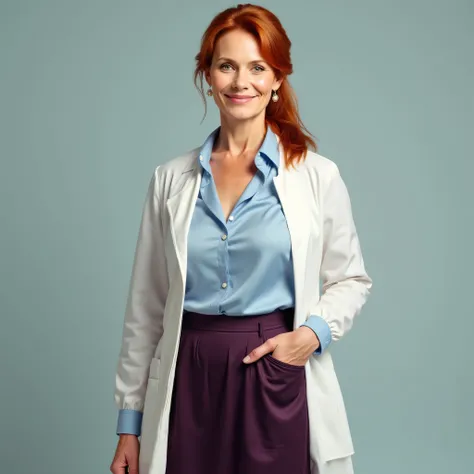 A realistic, high resolution photograph of a beautiful short, Caucasian woman in her 50's; full body frontal view facing the camera with her arms at her side, looking at the camera. There is extra space in the photo above her head. She has hourglass, fashi...