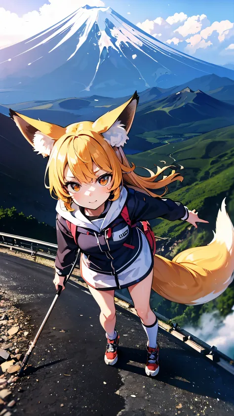 high-definition images、A fox girl who went mountain climbing Mt. Fuji、Figure walking hard on a slope