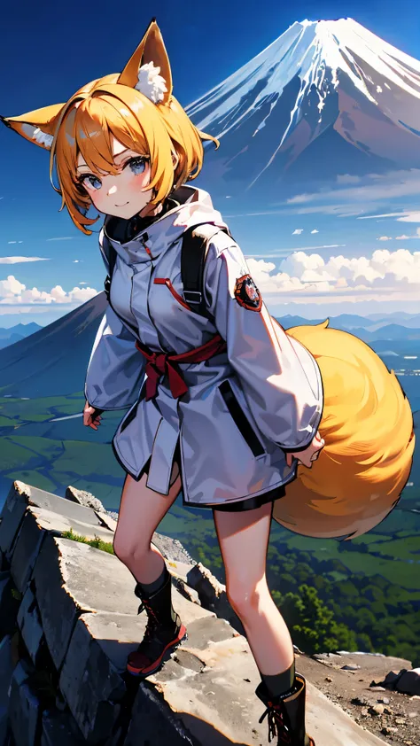 high-definition images、A fox girl who went mountain climbing Mt. Fuji、Figure walking hard on a slope