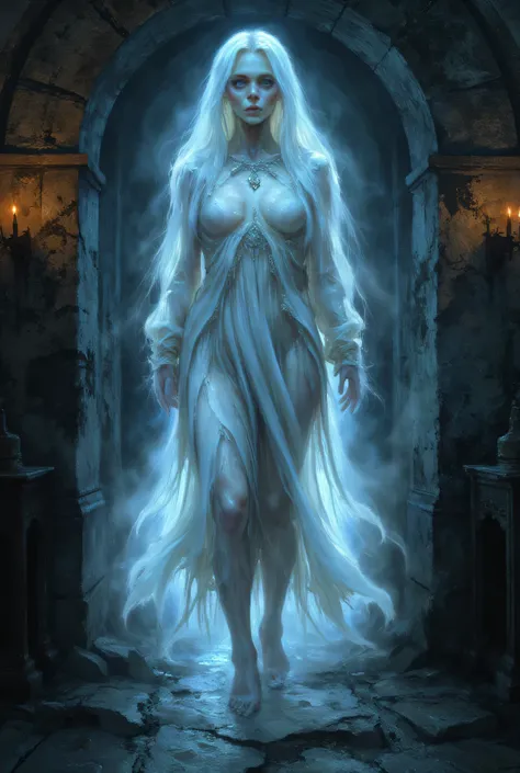 The ghost of a woman living in an old European castle at night、beautiful yet terrifying、