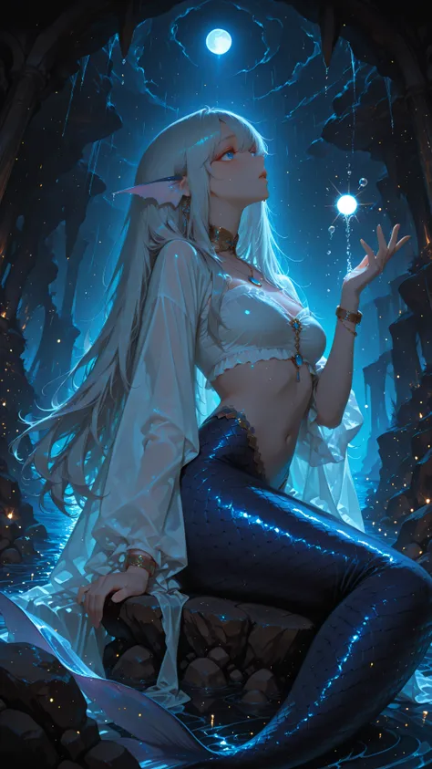 score_9, (masterpiece, best quality, dynamic angle), five fingers,semi-realistic,Pastel,

BREAK

1girl, young, mermaid girl, semi-long silver hair, hair flowing softly, faintly shining scales,pure white tube-top,sheer cape over arms, fins ears, medium brea...