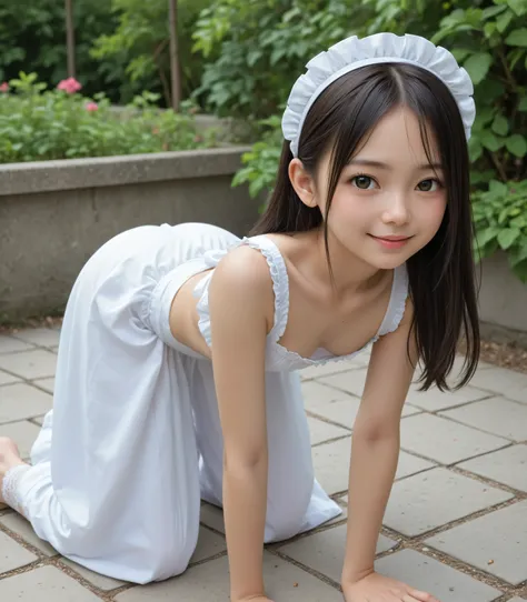 (1 cute young girl)、maids,Look at the audience,(skinny:1.5),(younger:1.5),(toddler wearing top_body:1.4),(braids:0.3),(Bang Hair:0.3),(twin tails:0.3),(ponytail:0.3),(long hair:0.3),(big boobs:0.92),に付けたblack lace stockings,slouches forward,japanese,(smile...
