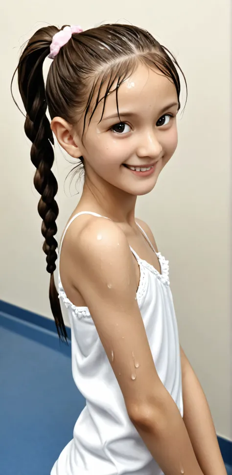 elementary school student、reality、cute、camisole、ponytail、wet eyes、(Gentle smile:1.2),(skinny:1.3),from above,ponytail:0.5,braids:0.5,Bang Hair:0.5,twin tails:0.5,(Japanese girls)