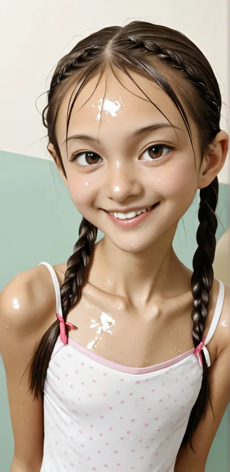elementary school student、reality、cute、camisole、ponytail、wet eyes、(Gentle smile:1.2),(skinny:1.3),from above,ponytail:0.5,braids:0.5,Bang Hair:0.5,twin tails:0.5,(Japanese girls)