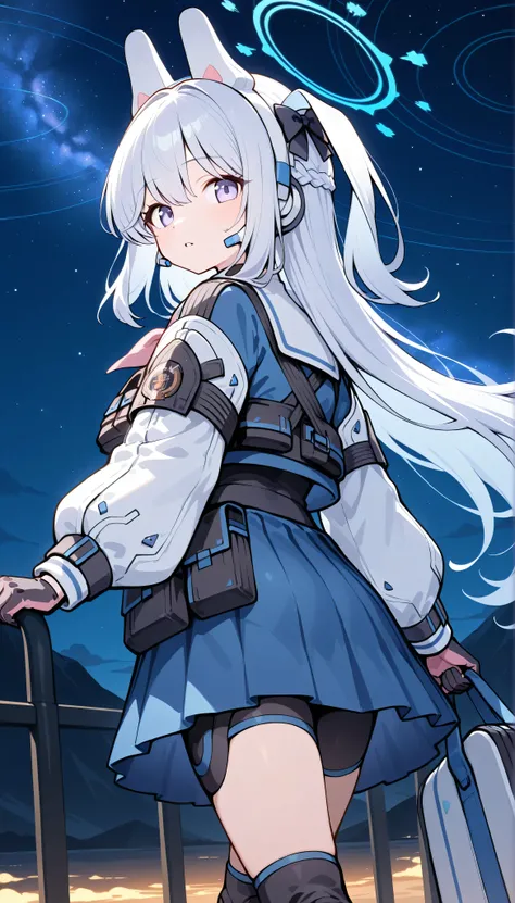 miyako (blue archive),purple eyes,white hair,long hair,one side upfake animal ears,headset,halo,tactical clothes,pouch,blue skirt,gloves,knee pads,black footwear　solo, I can see my eyebrows from the inside of my hair, hair between eyes,　  masterpiece, Best...