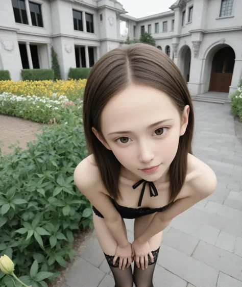 (Biological Corpse Factory)、maids,Look at the audience,(skinny:1.19),(younger:1.12),from above,(medium breasts:0.60),に付けたblack lace stockings,slouches forward,japanese,(smile:0.57),black lace stockings,narrow shoulder width