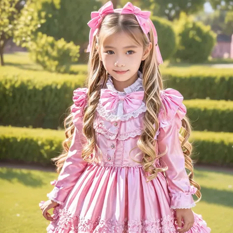 Highest Quality,4K,European girl,10 years old,long blond hair,Clothes with pink ruffles and bows