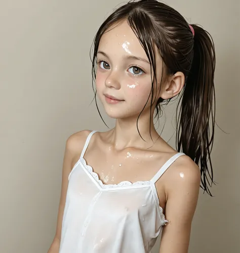 elementary school student、reality、cute、camisole、ponytail、wet eyes、(Gentle smile:0.5),skinny,from above