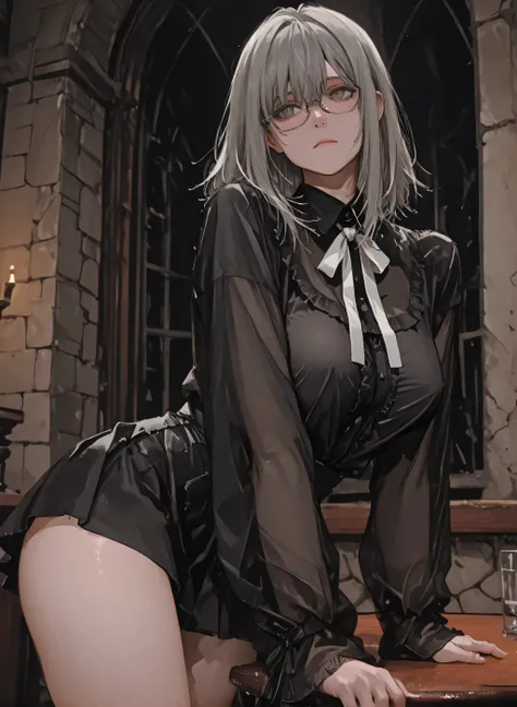 Inside the castle、Straight gray hair、glasses、quiet、(((intellectual)))、((Feeling Lonely ))、dark、((((white ribbon((((black blouse))))、miniskirt、1girl、niece、(big boobs)、((Plain))、(((A)))、Hands on the table、glance