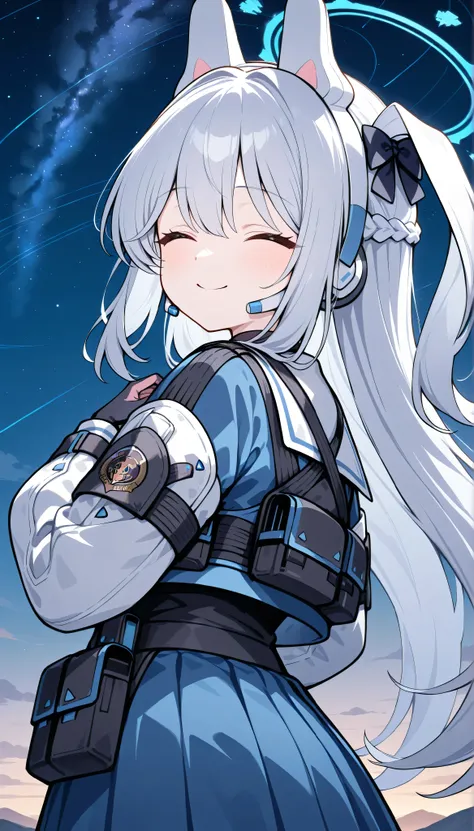 miyako (blue archive),closed eyes,white hair,long hair,one side upfake animal ears,headset,halo,tactical clothes,pouch,blue skirt,　solo, I can see my eyebrows from the inside of my hair, hair between eyes,　  masterpiece, Best Quality, very aesthetic, outdo...