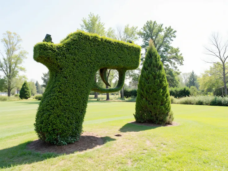Meticulously manicured juniper bushes in the shape of handguns, icon style. Ultra-realistic, photo-realistic, cinematic photography, hyperrealistic, 3D rendered realism, UHDR, high-res, physically-based rendering, extreme attention to detail, highly imag...