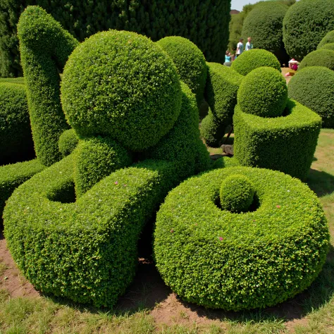 Meticulously manicured juniper bushes in different unique, innovative, and aesthetically incredible shapes and sizes. Ultra-realistic, photo-realistic, cinematic photography, hyperrealistic,  3D rendered realism, UHDR, high-res, physically-based rendering,...