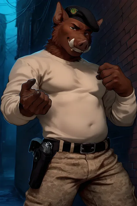 Latino, hispanic, Brazilian, mexican, anthro, furry, boar, dark brown body, dark brown eyes, cocky, slight smile, smug, gesugao, slightly chubby, pecs, thick thighs, daddy, dilf, mature male, middle aged, bara, manly, masculine, rugged, virile, macho, brut...