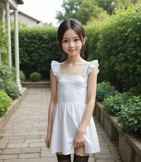(1 cute young girl)、maids,Look at the audience,(skinny:1.5),(younger:1.5),(toddler wearing top_body:1.4),(braids:0.3),(Bang Hair:0.3),(twin tails:0.3),(ponytail:0.3),(long hair:0.3),(big boobs:0.92),に付けたblack lace stockings,slouches forward,japanese,(smile...