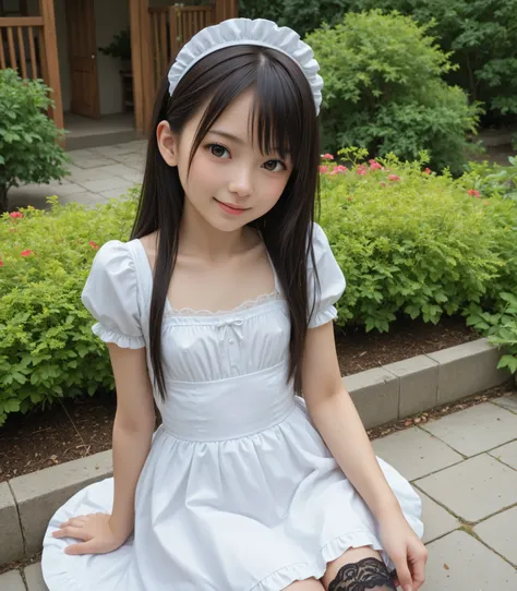 (1 cute young girl)、maids,Look at the audience,(skinny:1.5),(younger:1.5),(toddler wearing top_body:1.4),(braids:0.3),(Bang Hair:0.3),(twin tails:0.3),(ponytail:0.3),(long hair:0.3),(big boobs:0.92),に付けたblack lace stockings,slouches forward,japanese,(smile...