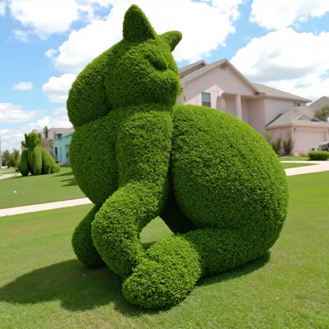 Meticulously manicured juniper bushes shaped into the form of a gigantic cat, in the yard of a residential neighborhood in front of a large two-story house , icon style. Ultra-realistic, photo-realistic, cinematic photography, hyperrealistic,  3D rendered ...