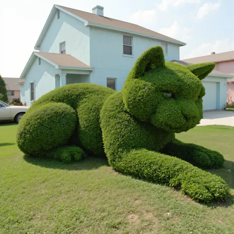 Meticulously manicured juniper bushes shaped into the form of a gigantic cat, in the yard of a residential neighborhood in front of a large two-story house , icon style. Ultra-realistic, photo-realistic, cinematic photography, hyperrealistic, 3D rendered ...