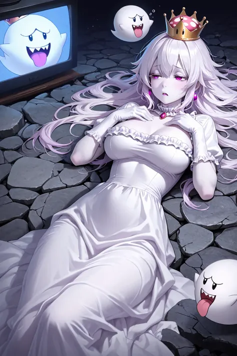 low angle, princess king boo, lying on cracked stone, facing to TV television lazily. Half-open eyes, slightly sleepy, crown, white dress, pale skin, floating some boo, masterpiece, best quality