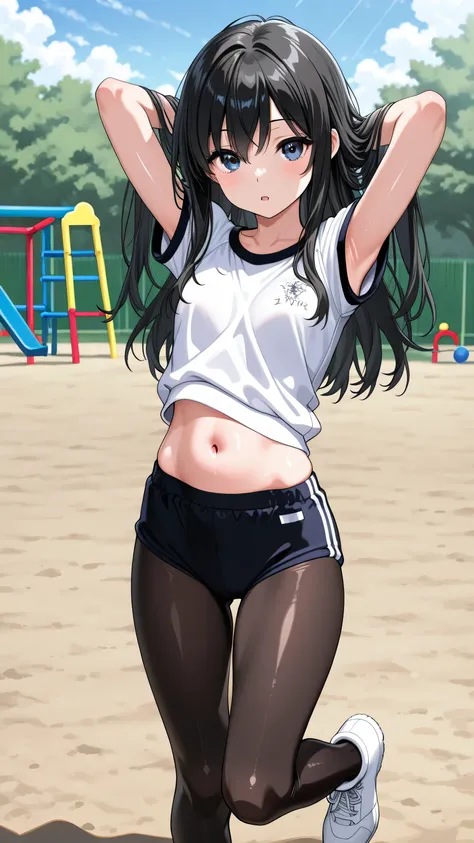  1 black-haired semi-long high school girl、Outfit(shiny black tights、Student gym clothes 、sports boots)、A bright expression、Tie the hem of the clothes、and see your stomach, including your belly button、roll up the short-sleeved sleeves to see your armpits、P...