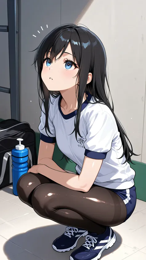  1 black-haired semi-long high school girl、Outfit(shiny black tights、Student gym clothes 、sports boots)、A bright expression、squats、Looking up 
