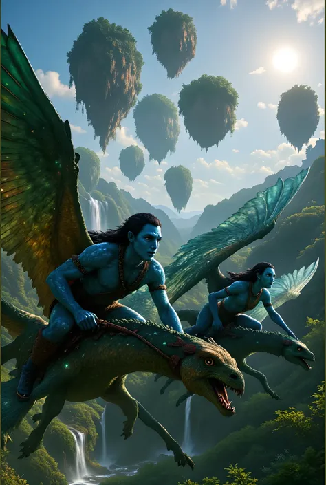Jake Sully and Neytiri flying on their mountain banshees through the floating islands of Pandora. Jake is in front, Neytiri slightly behind. Wings flapping dynamically, creating air movement and rustling leaves below. Waterfalls in the background with mist...