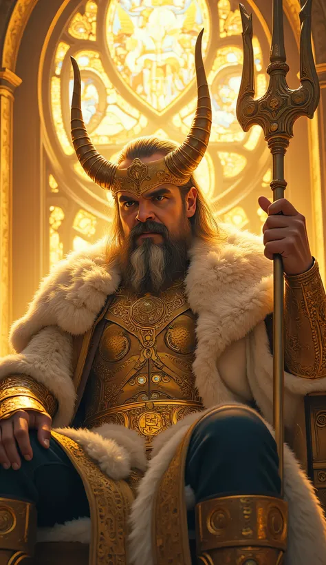 David Harbour as Odin, the Norse All-Father, sitting proudly, massive golden throne, radiant Asgardian hall, wears ornate golden armor, adorned with runes gemstones and intricate engravings, white fur mantle over his shoulders, long silver beard and hair g...
