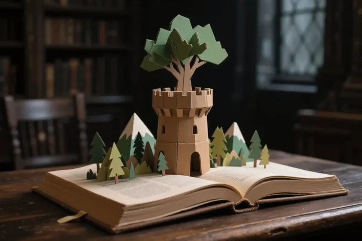 in the background, the best quality, Ultra-detailed, Highest resolution 8K,  Cinematic emotional static frame, 8K UHD, Extremely detailed, physical visualization, masterpiece, HDR, (sfw:1.4), 
Close-up on a wooden table lies an open thick brown book from w...