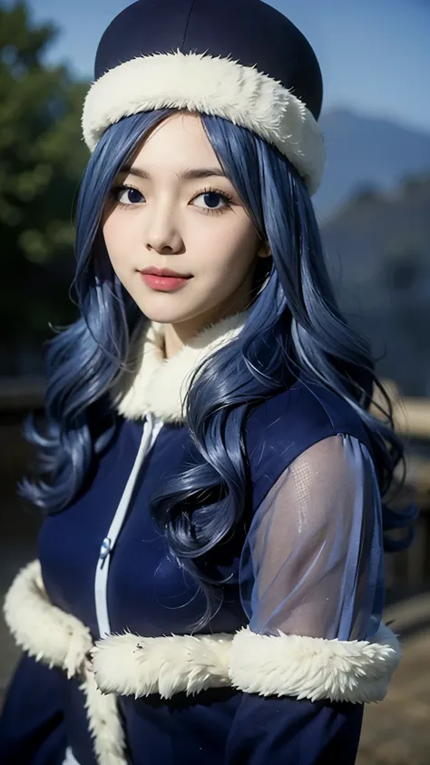 Juvia Lockser from Fairy Tail, half-body portrait, ultra realistic and highly detailed, soft natural lighting, expressive blue eyes, long wavy blue hair, wearing her signature blue outfit with fur trim and hat, gentle smile, slight blush on her cheeks, rea...