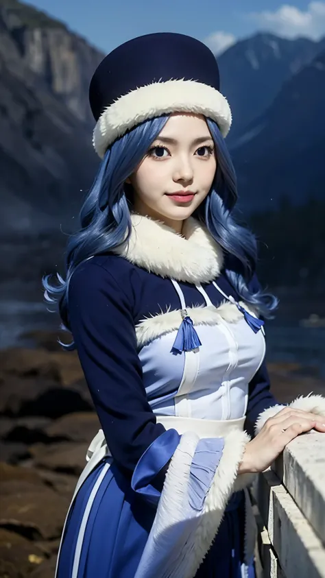 Juvia Lockser from Fairy Tail, half-body portrait, ultra realistic and highly detailed, soft natural lighting, expressive blue eyes, long wavy blue hair, wearing her signature blue outfit with fur trim and hat, gentle smile, slight blush on her cheeks, rea...