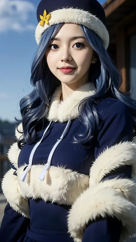 Juvia Lockser from Fairy Tail, half-body portrait, ultra realistic and highly detailed, soft natural lighting, expressive blue eyes, long wavy blue hair, wearing her signature blue outfit with fur trim and hat, gentle smile, slight blush on her cheeks, rea...