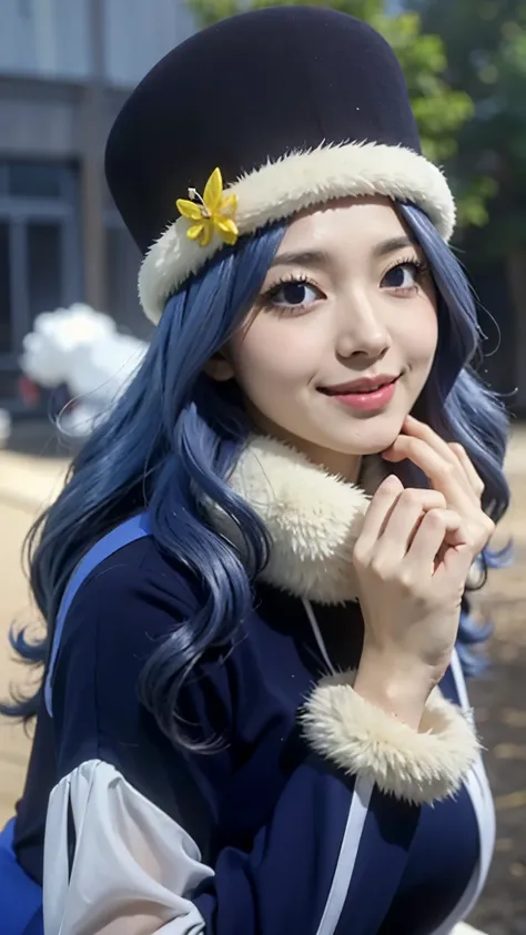 Juvia Lockser from Fairy Tail, half-body portrait, ultra realistic and highly detailed, soft natural lighting, expressive blue eyes, long wavy blue hair, wearing her signature blue outfit with fur trim and hat, gentle smile, slight blush on her cheeks, rea...