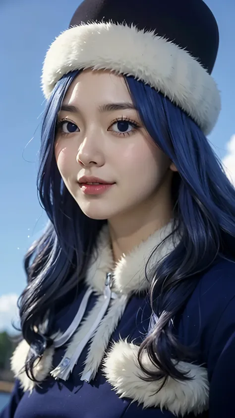Juvia Lockser from Fairy Tail, half-body portrait, ultra realistic and highly detailed, soft natural lighting, expressive blue eyes, long wavy blue hair, wearing her signature blue outfit with fur trim and hat, gentle smile, slight blush on her cheeks, rea...