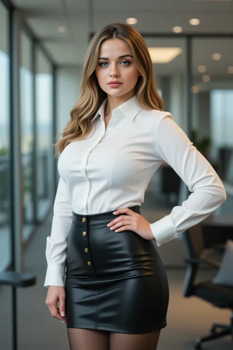 A photo-realistic shoot from a front camera angle about a woman posing confidently in an office setting, wearing a white blouse and a tight black leather skirt. the apart, wearing black high heels and black stockings. she has a slim body and is looking di...